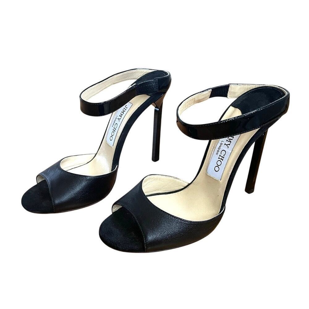Jimmy Choo Black Nappa Leather and Patent Heeled Sandals size 36 1/2 / US 6.5